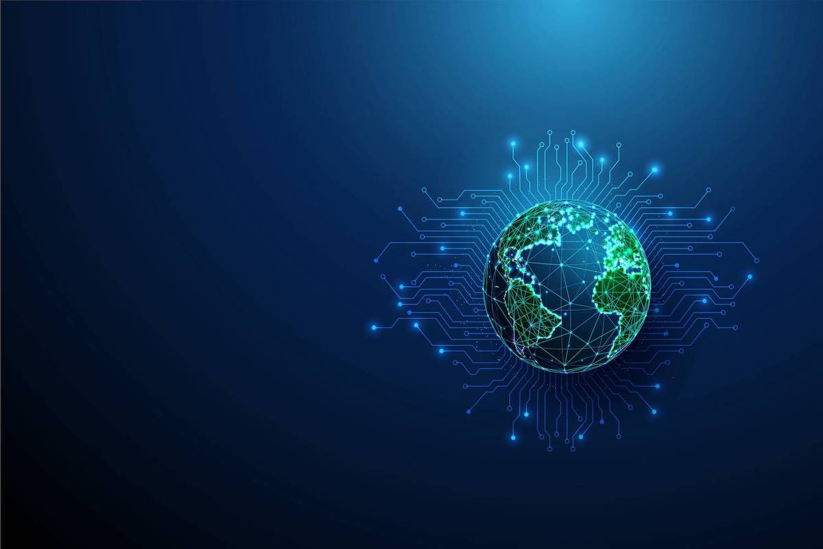 Glowing digital Earth with circuit-like connections on a dark blue background.