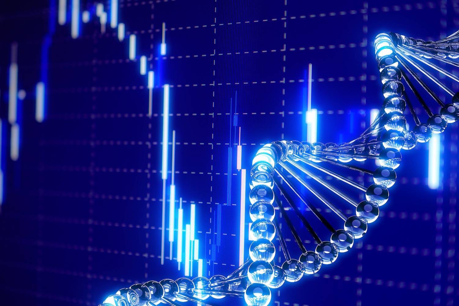 Glowing DNA strand against blue background with digital graphs and glowing bars.
