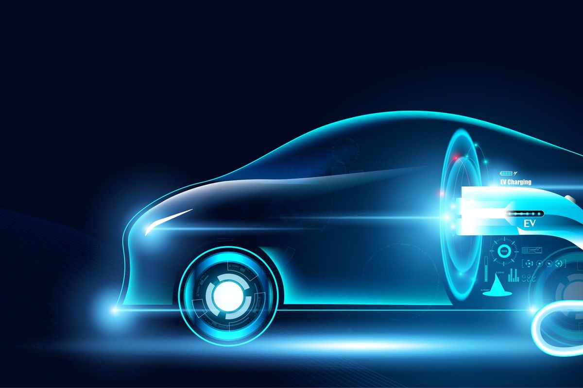 Glowing electric vehicle (EV) with plug over black background.