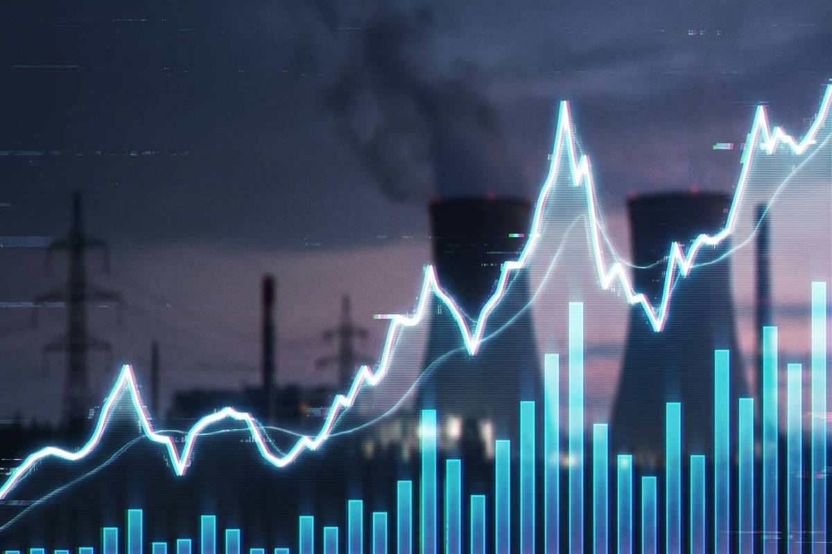 Glowing line graph overlays power plant with cooling towers and smokestacks against a moody sky.