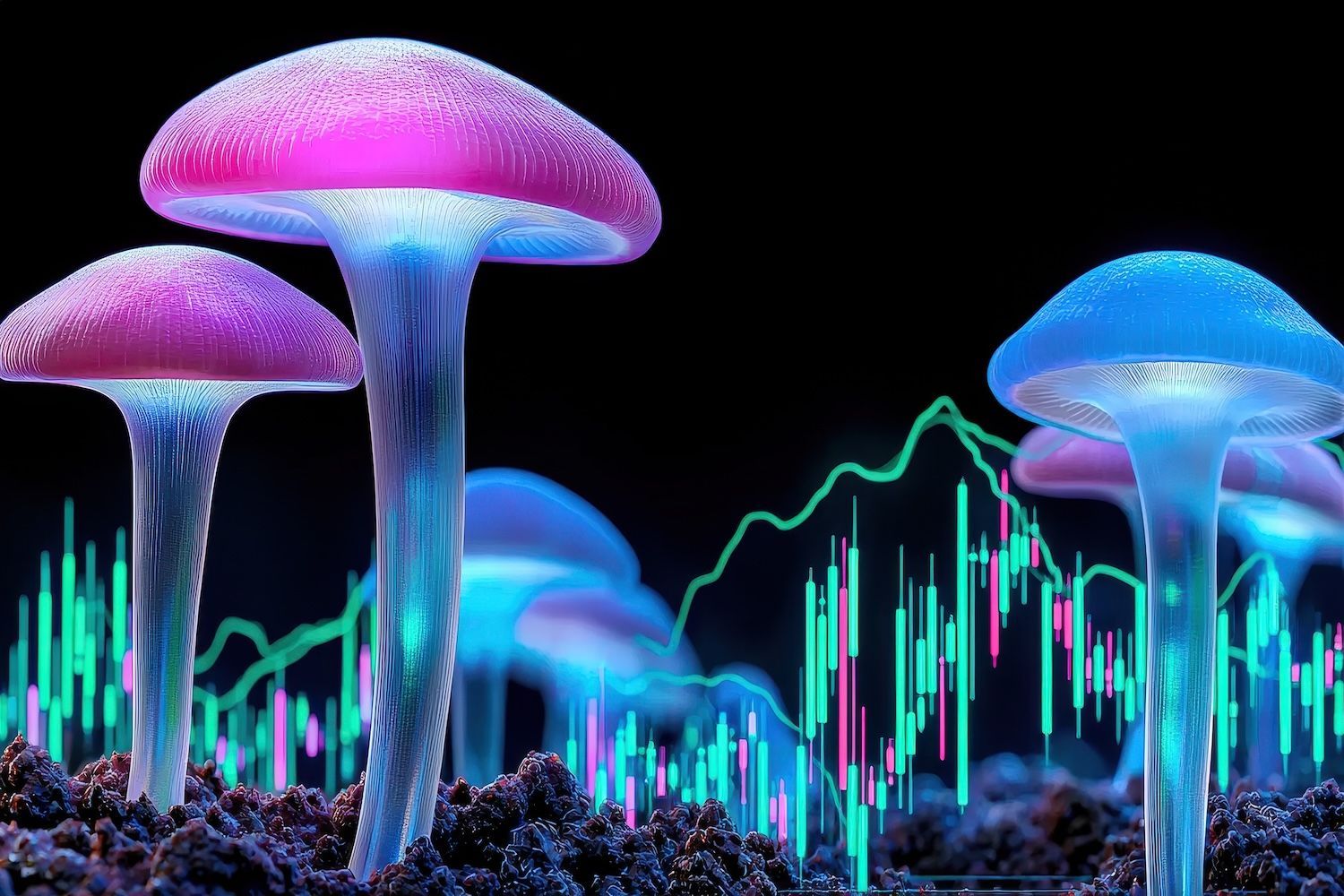 Glowing mushrooms with colorful graphs in the background on a dark surface.