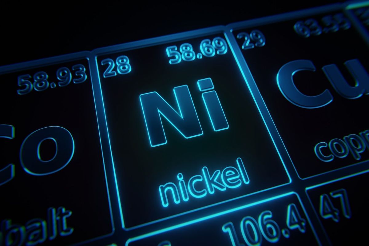 Glowing periodic table detail highlighting nickel.