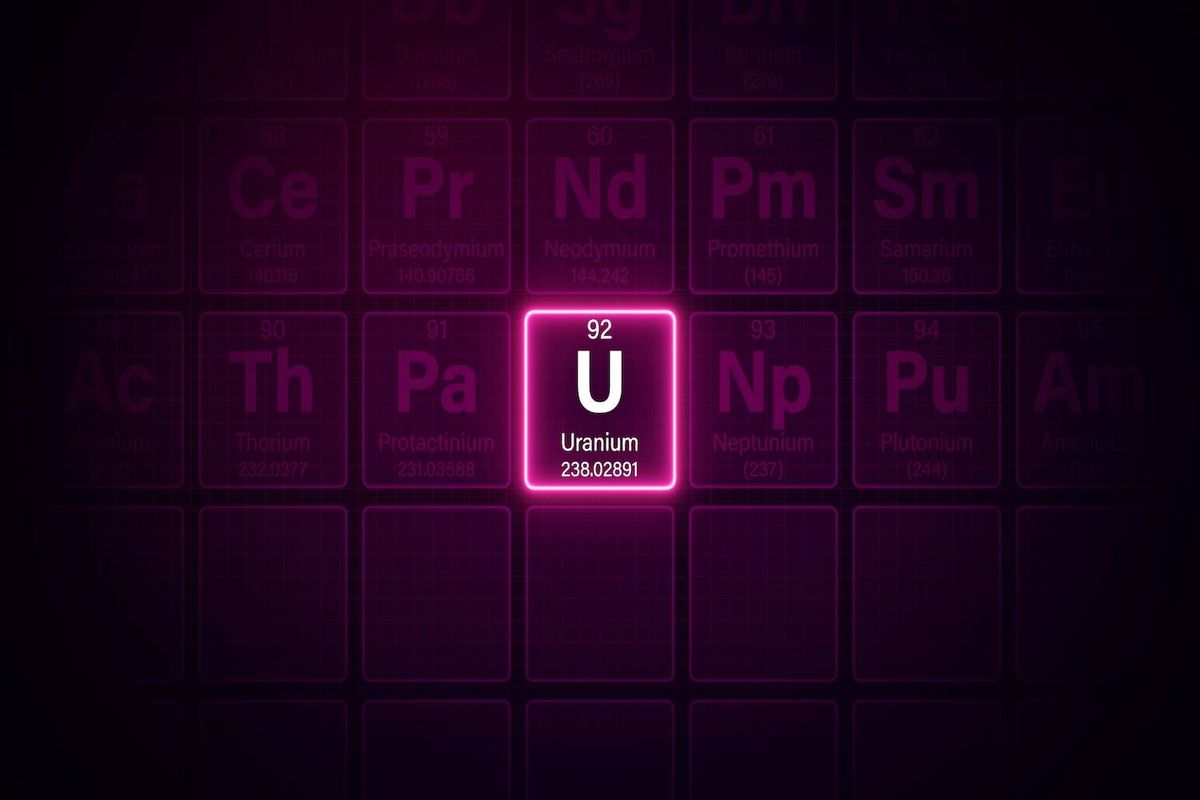 Glowing periodic table focusing on uranium element with atomic number 92.