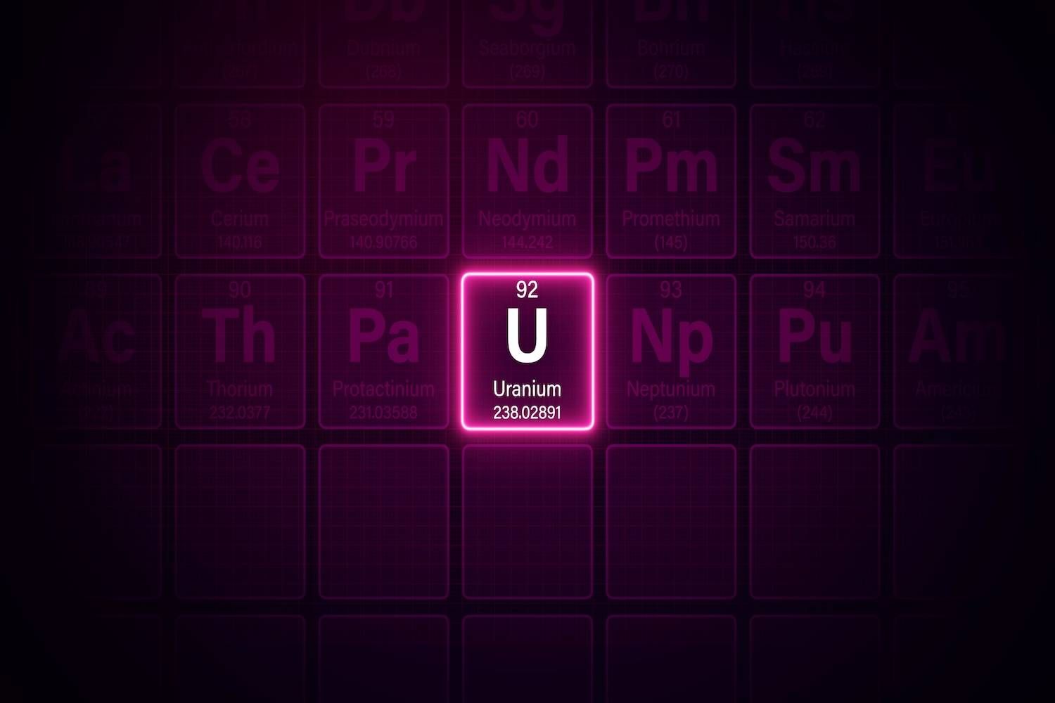 Glowing periodic table focusing on uranium element with atomic number 92.