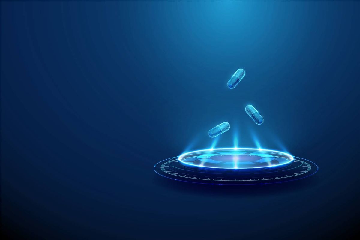 Glowing pills hover above a futuristic digital platform with blue light background.