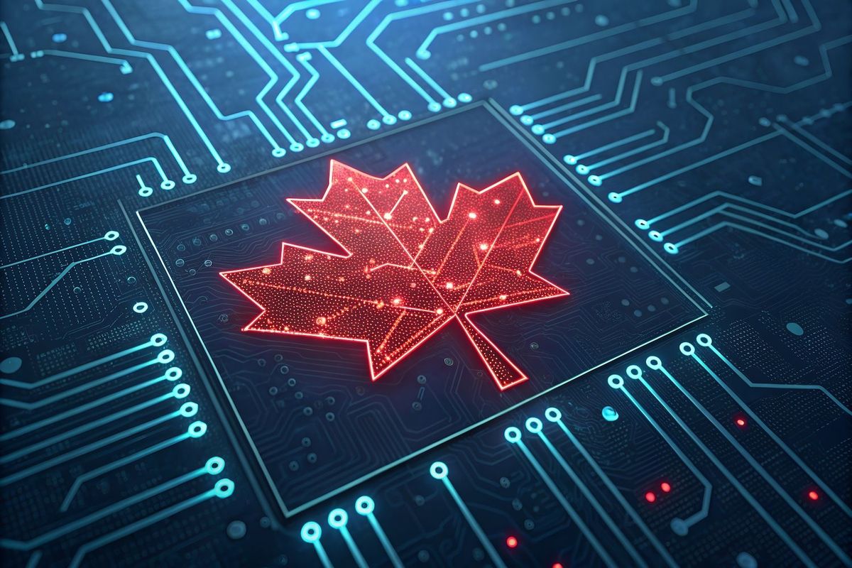 Glowing red maple leaf on digital circuit board background.