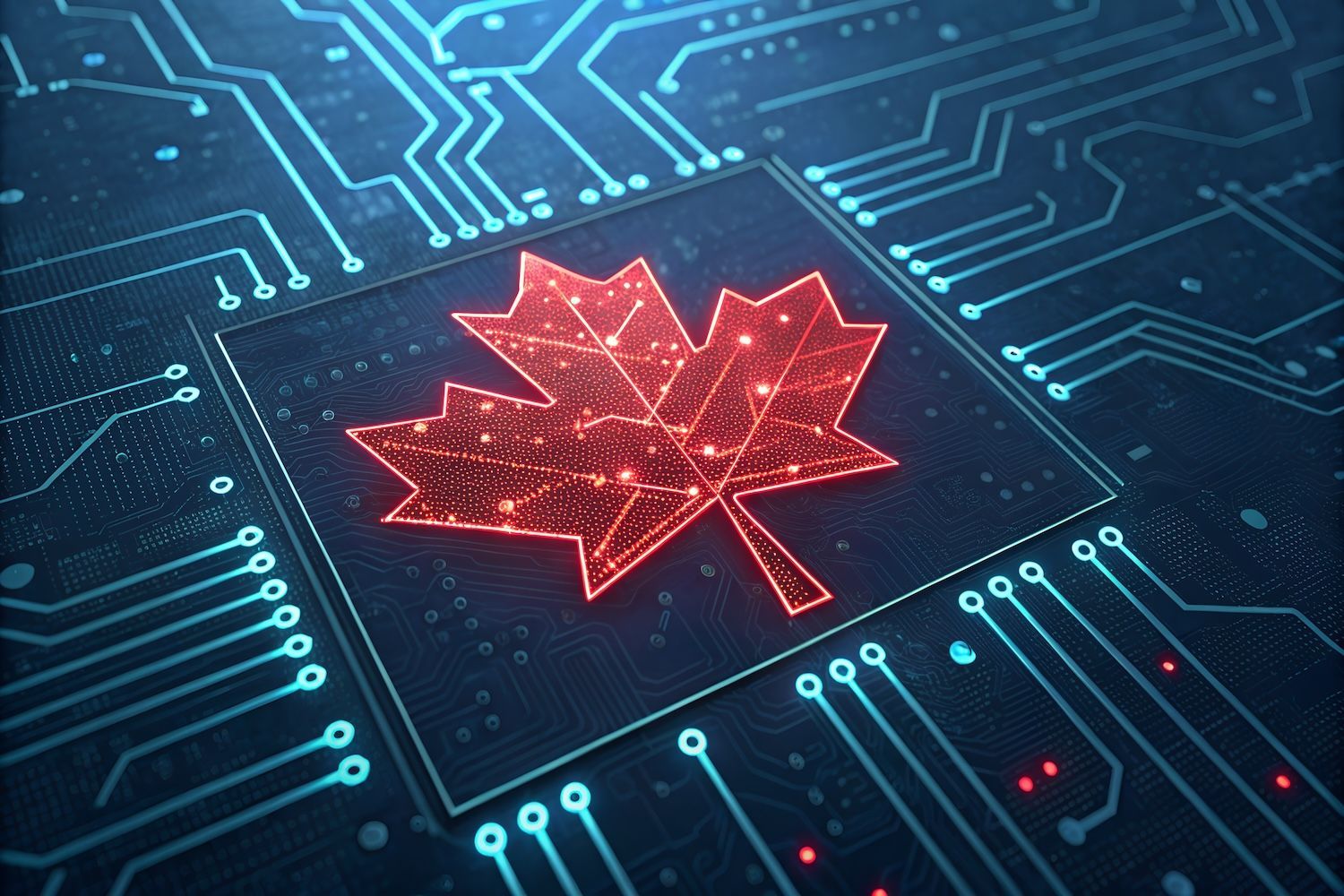 Glowing red maple leaf on digital circuit board background.