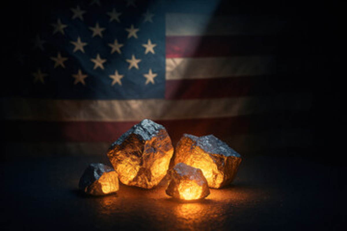 Glowing rocks in foreground, US flag in background.