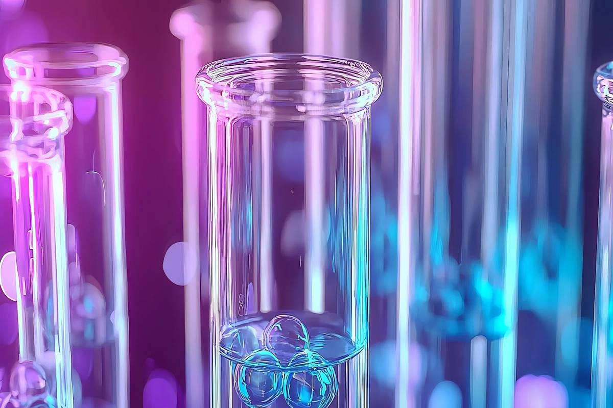 Glowing test tubes with colorful light reflections and a futuristic vibe.