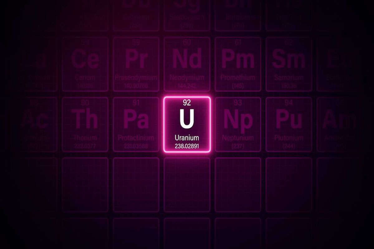 Glowing uranium element on a periodic table, dark purple background.