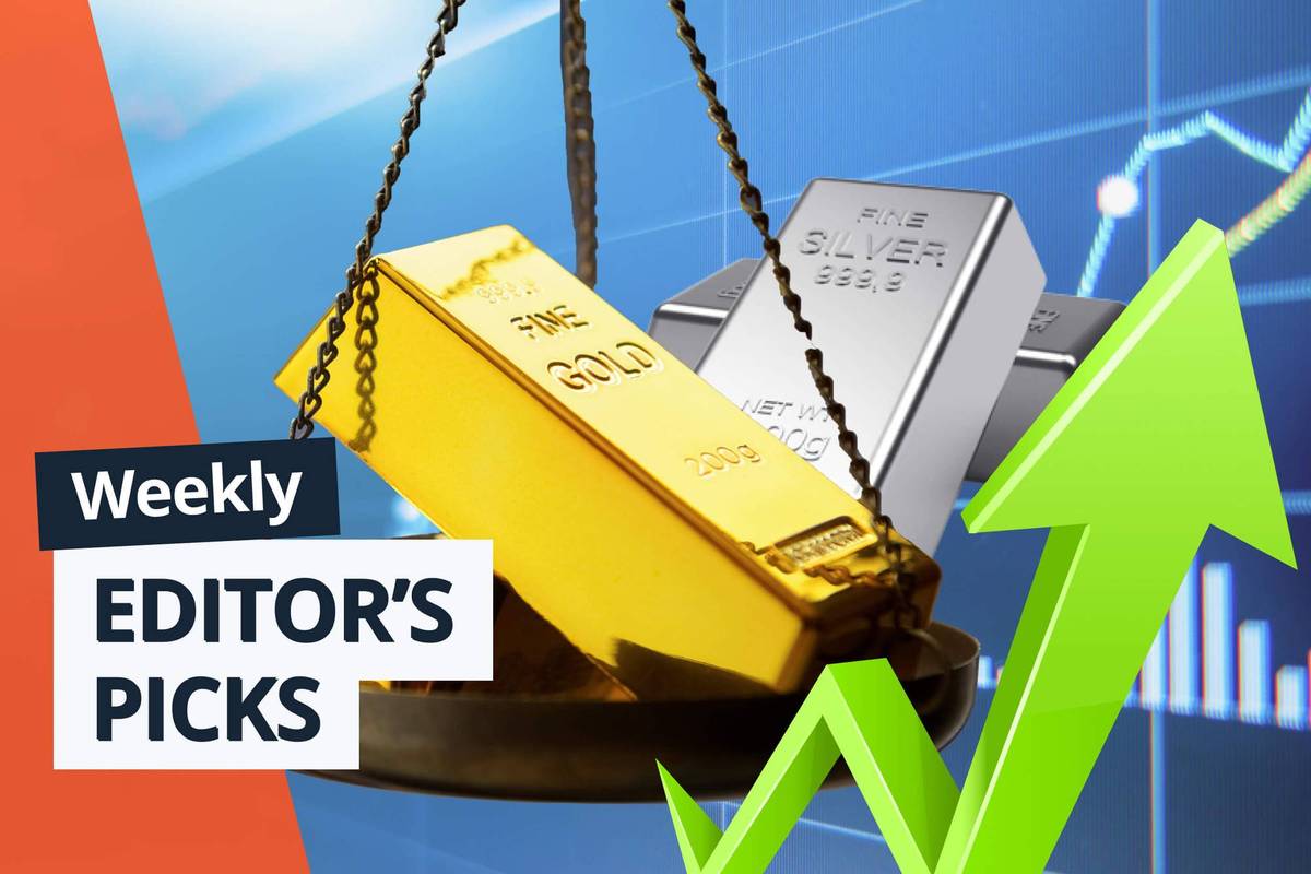 Gold and silver bars in scale with green arrow pointing up. Text reads: "Weekly Editor’s Picks."
