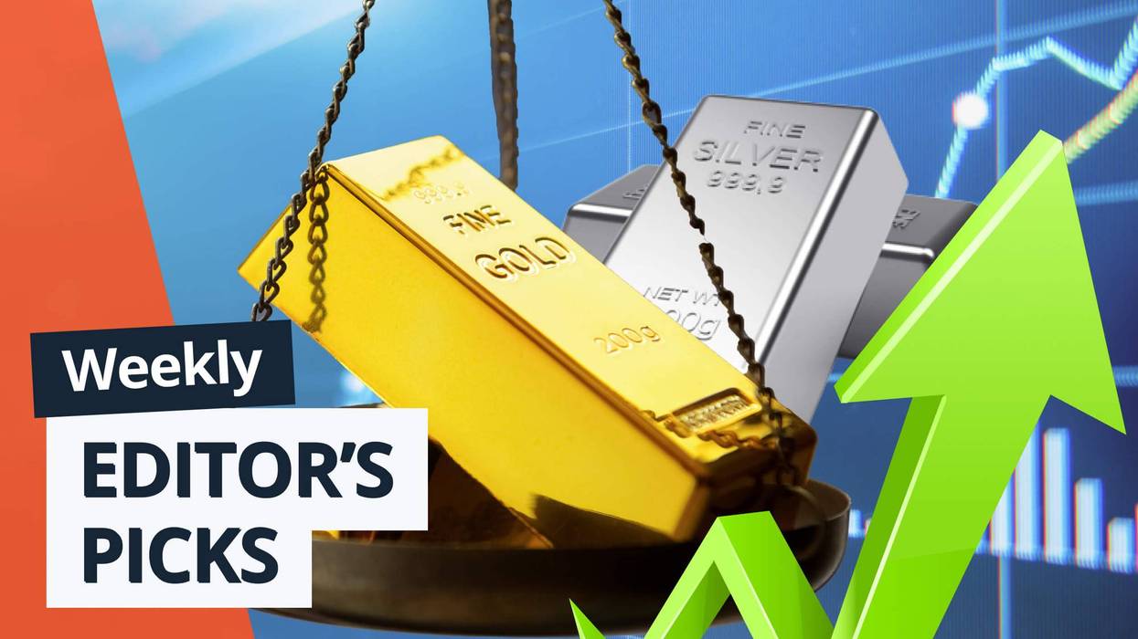 Gold and silver bars in scale with green arrow pointing up. Text reads: "Weekly Editor’s Picks."