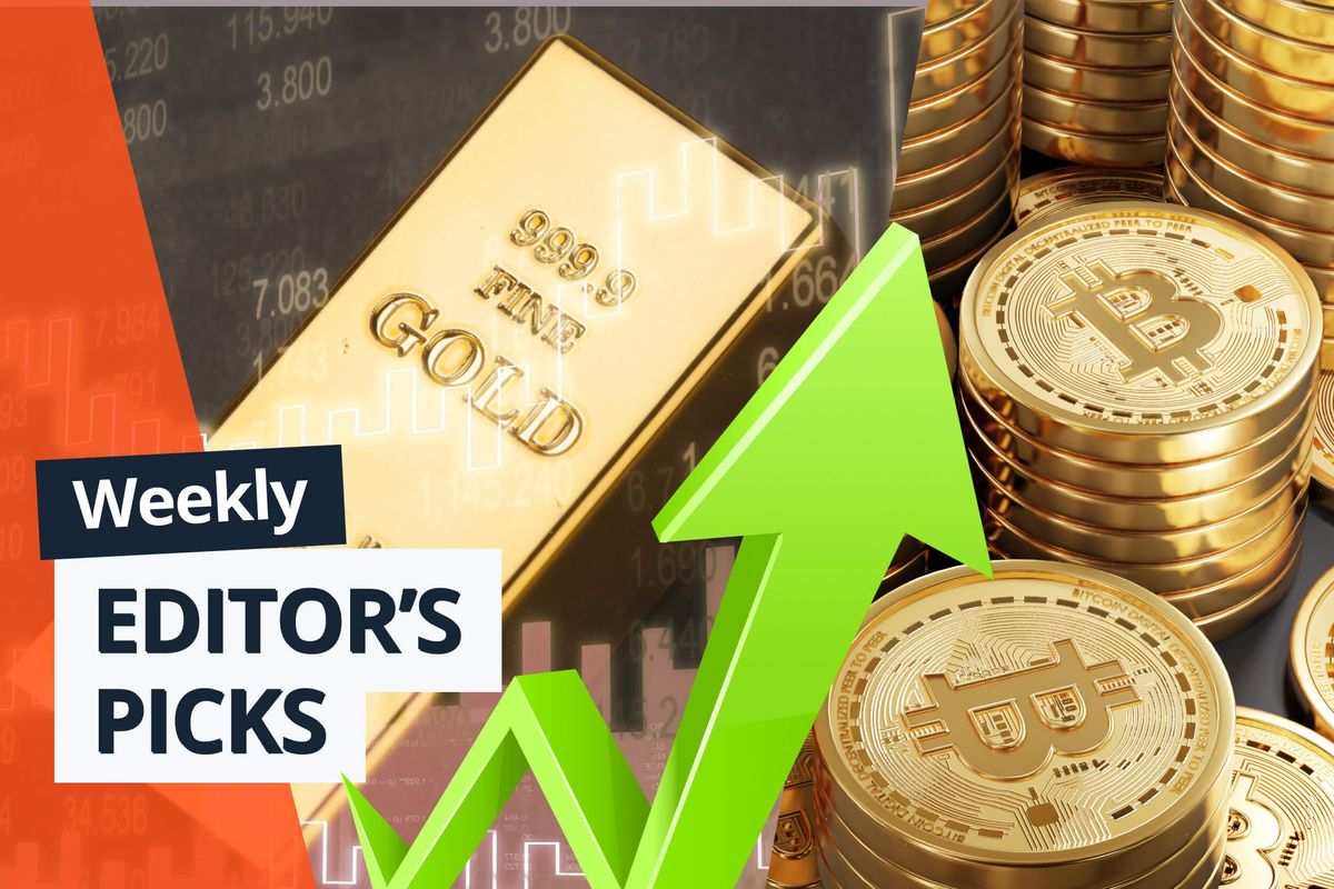 gold bar and bitcoins with green up arrow