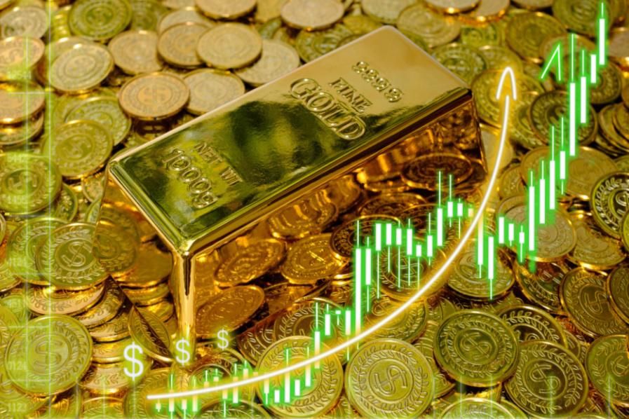 gold bar and coins with stock chart