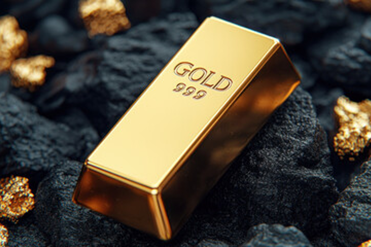 Gold bar on dark rocks with gold nuggets.