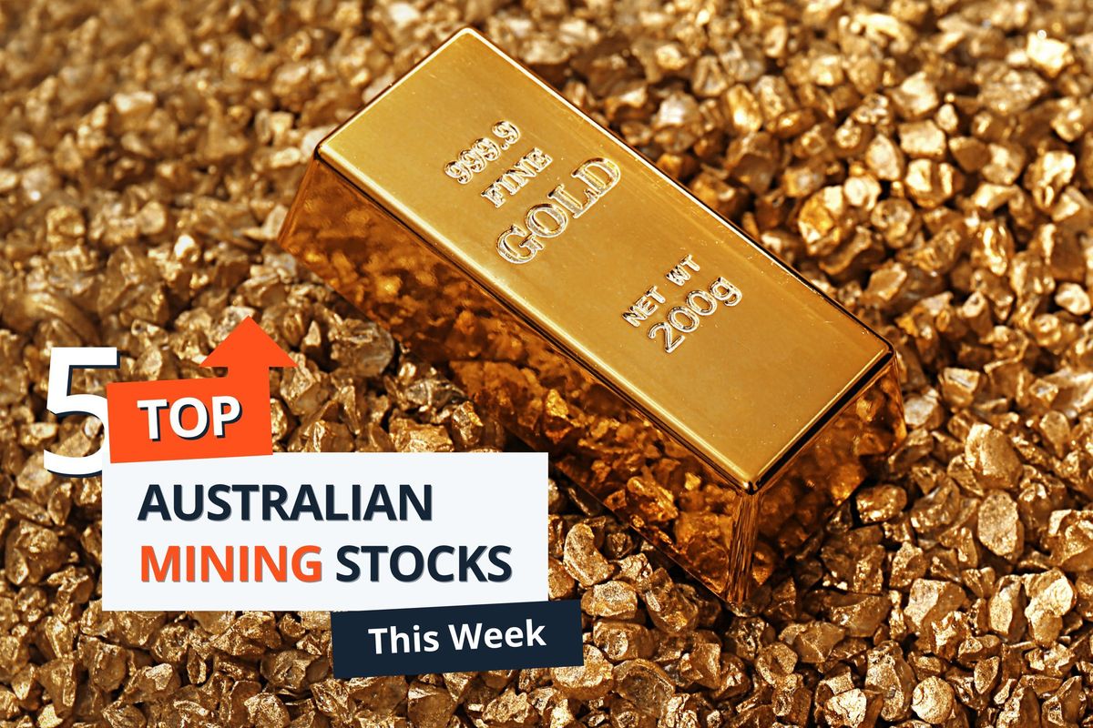 Gold bar on nuggets with "5 Top Australian Mining Stocks" text overlay.