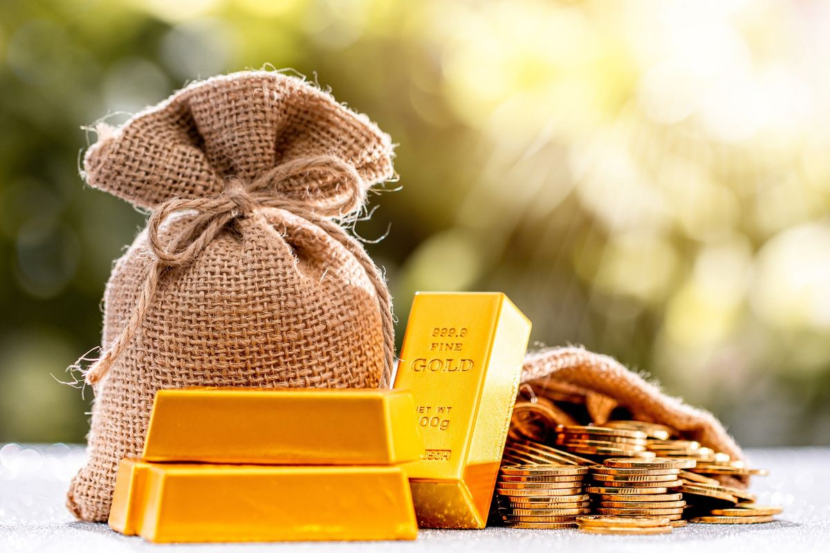 Gold bars and coins as well as a sac of gold.