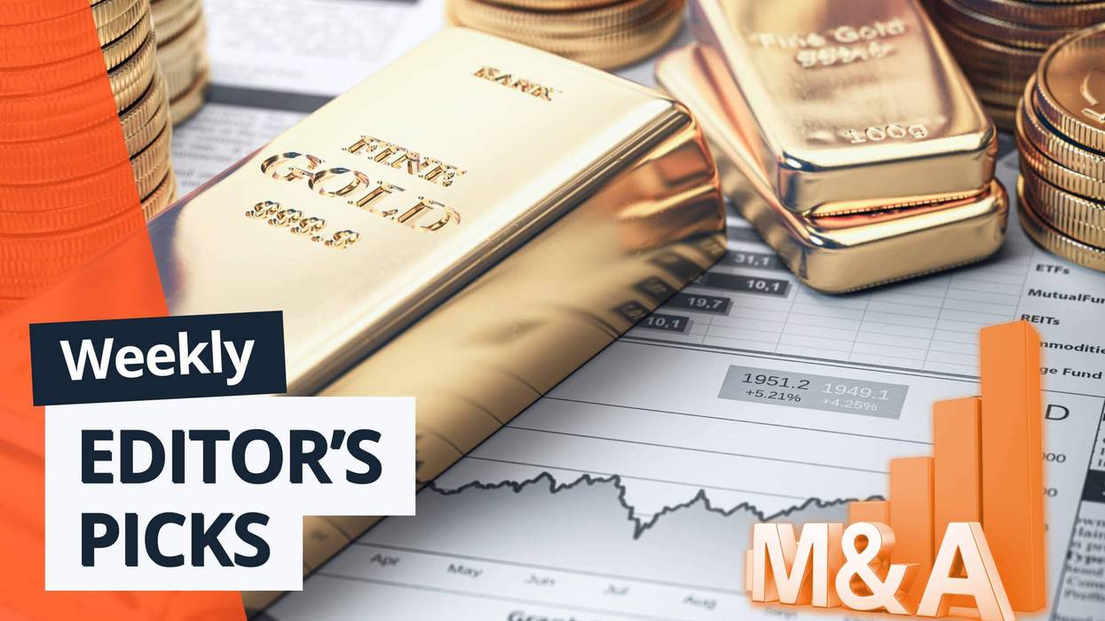 Gold bars and coins on financial graphs with the text: "Weekly Editor's Picks" and "M&A."