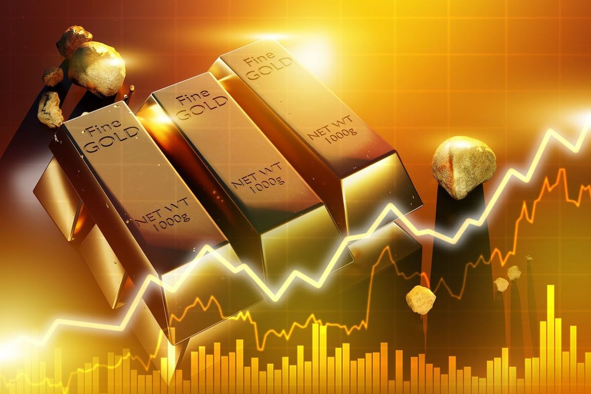 Gold bars and nuggets with rising financial graph background.