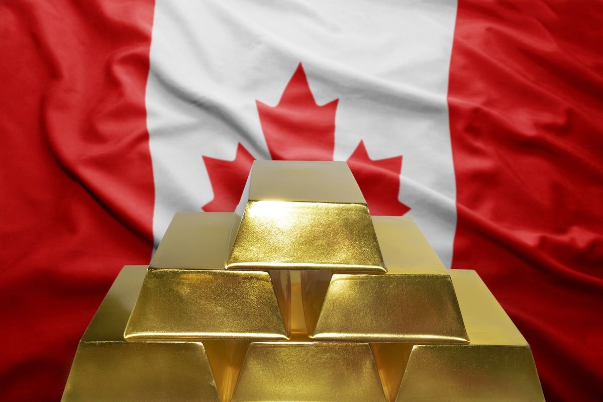 Gold bars in front of Canadian flag.