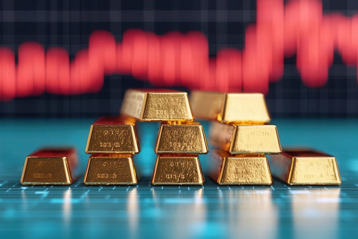 Gold bars in front of stock chart.