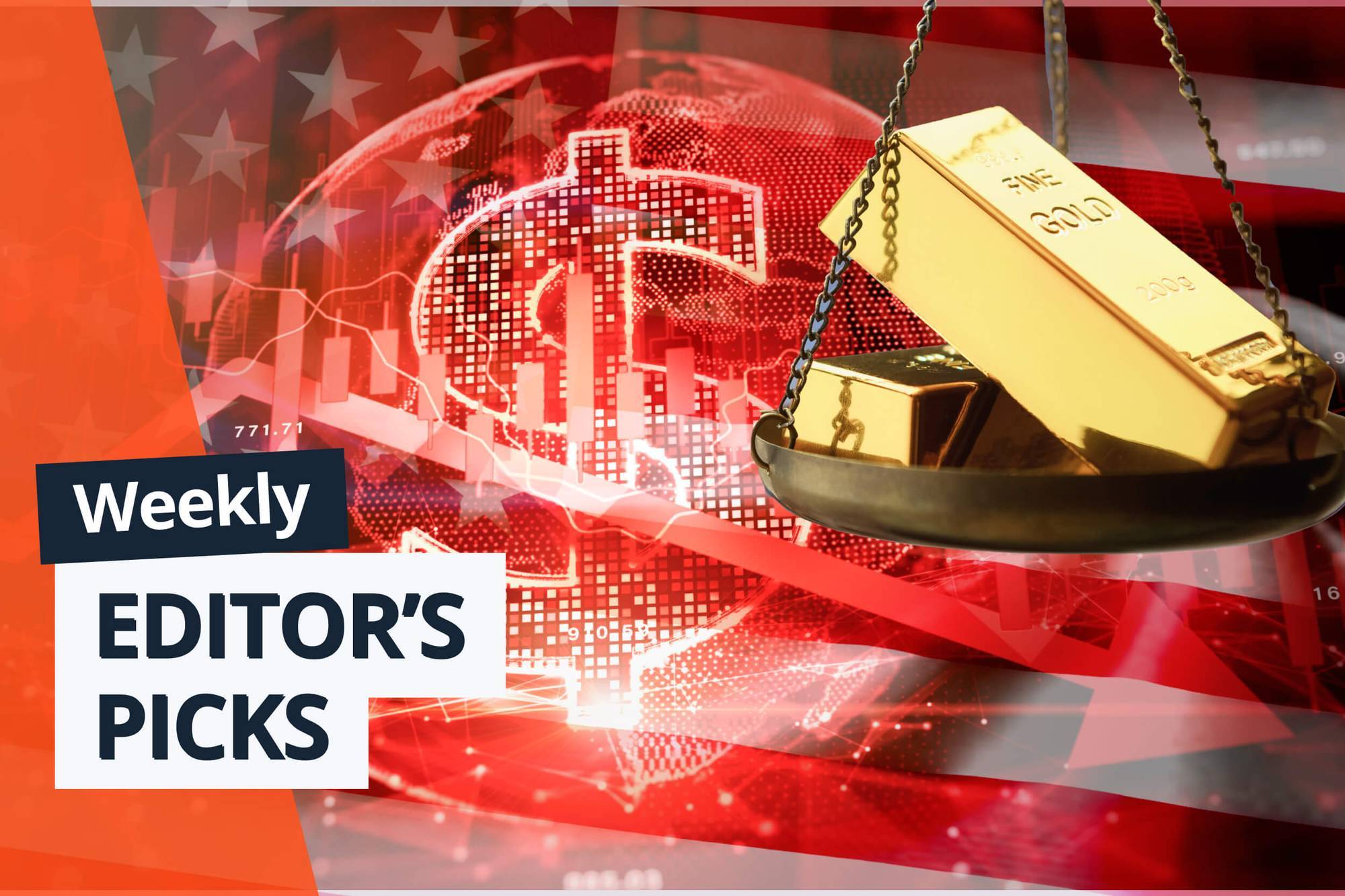 Gold bars on scale over red digital currency background. Text reads "Weekly Editor's Picks."