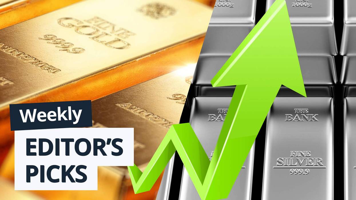 Gold bars on the left, silver bars with a green upward arrow on the right.