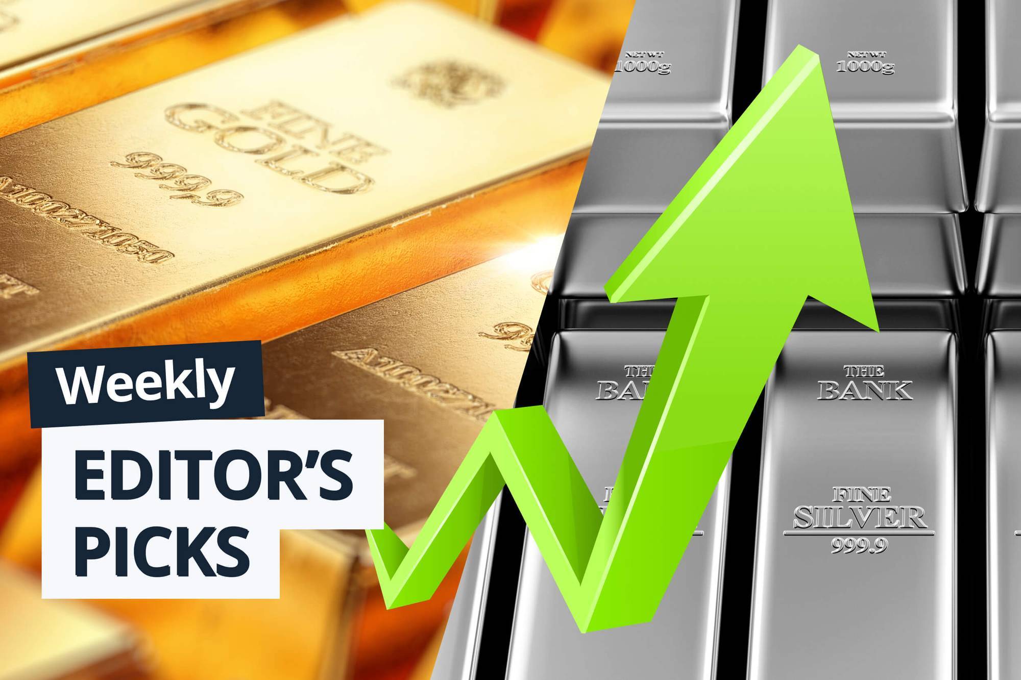 Gold bars on the left, silver bars with a green upward arrow on the right.
