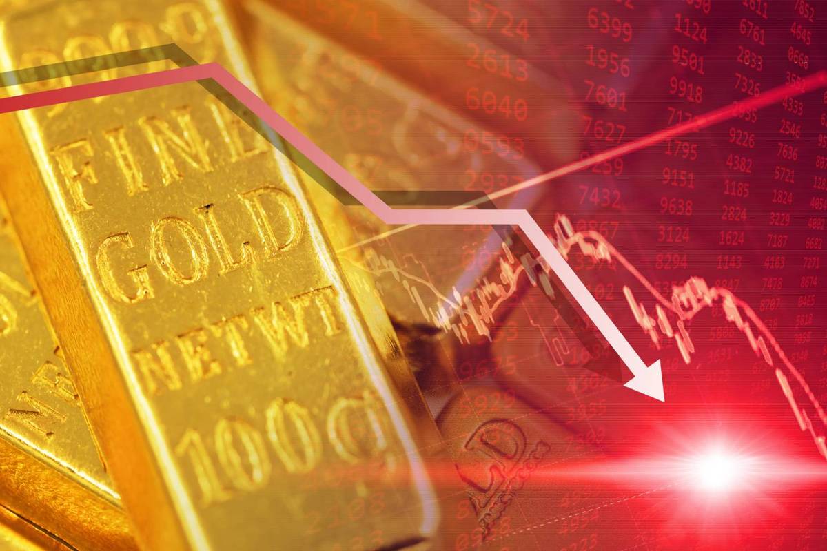 Gold bars overlaid by a downward stock trend line and red market numbers.