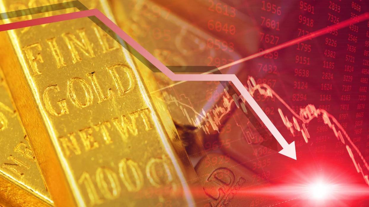 Gold bars overlaid by a downward stock trend line and red market numbers.