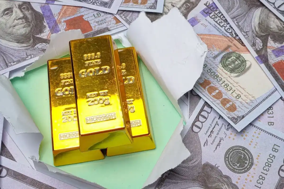 Gold bars, ripped US$100 bills.