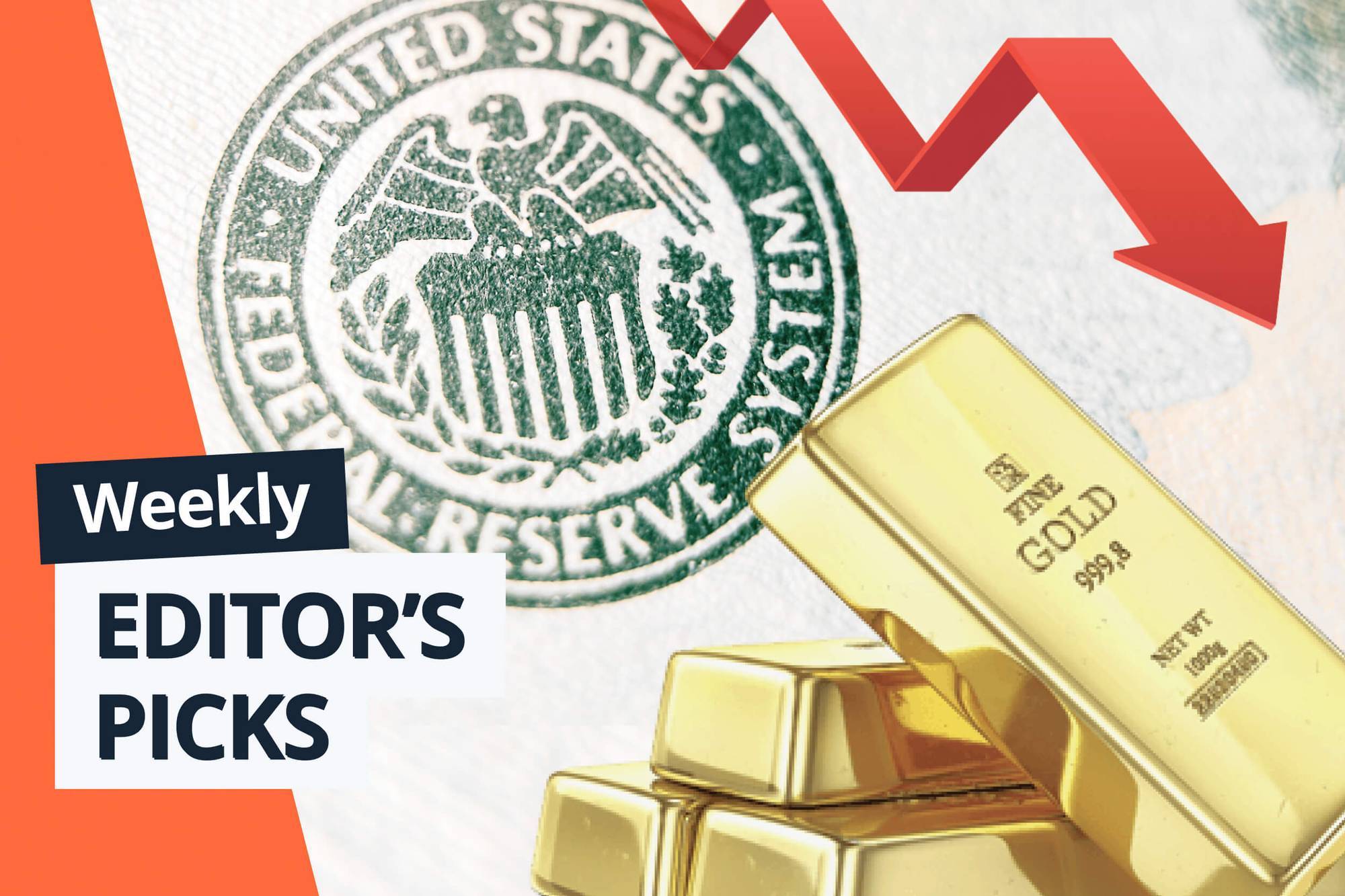 Gold bars stacked in front of US Federal Reserve seal, with red downward arrow.