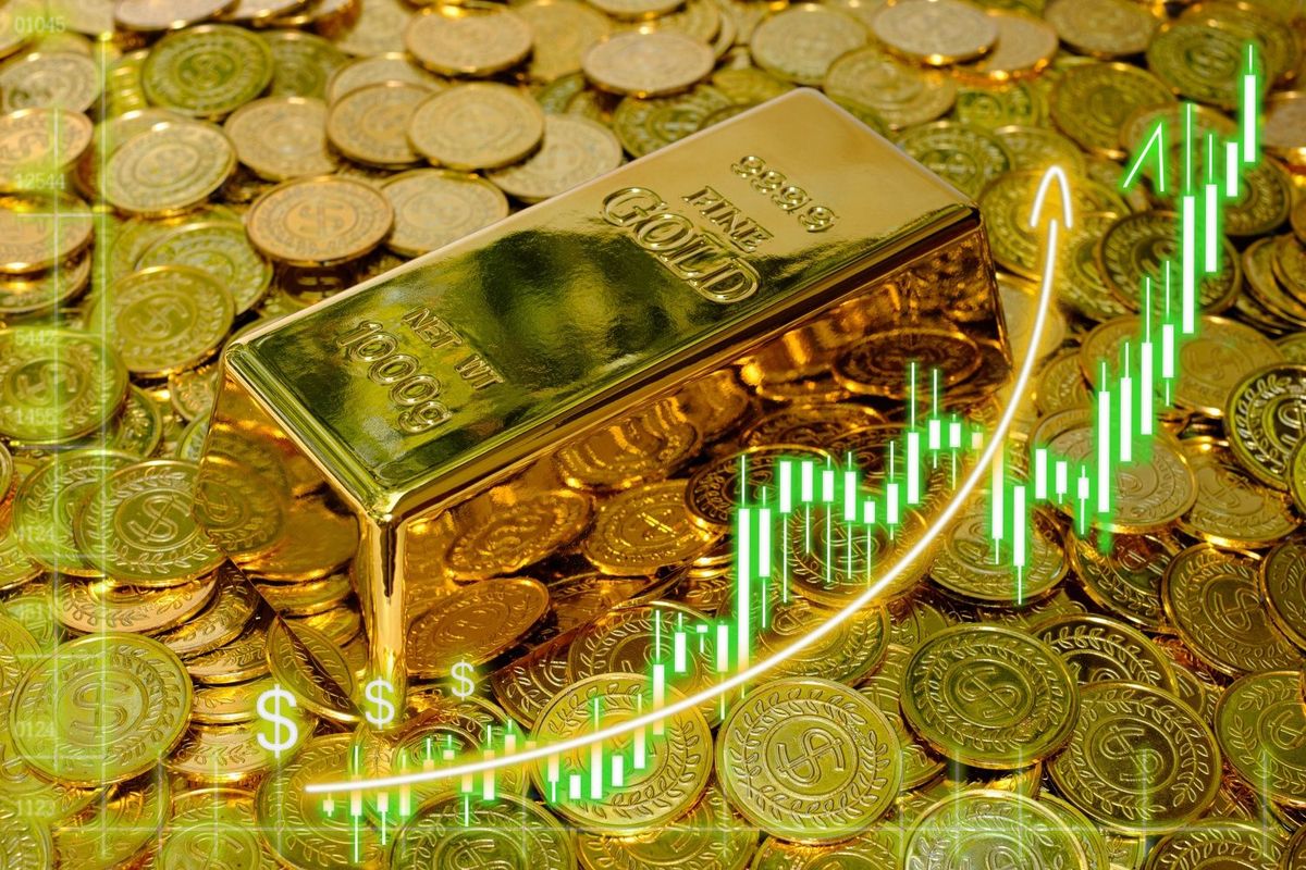 Gold bars, up arrow.