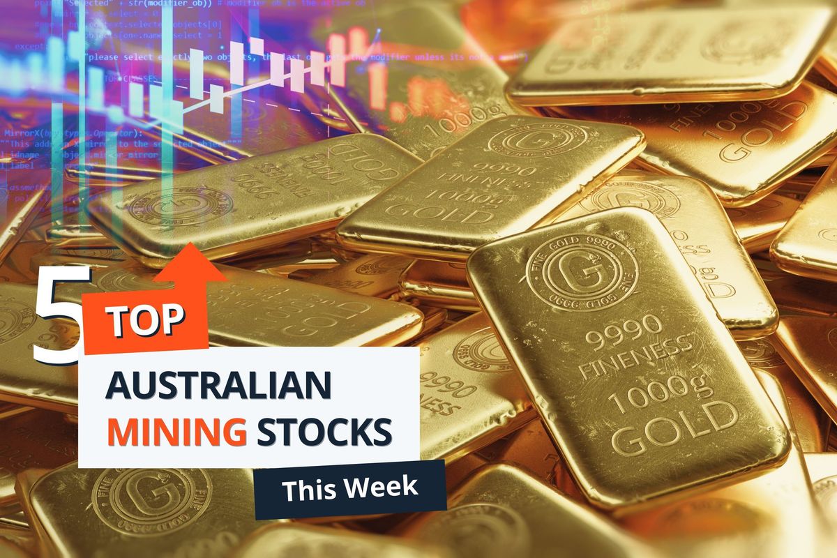 Gold bars with "5 Top Australian Mining Stocks" text overlay.