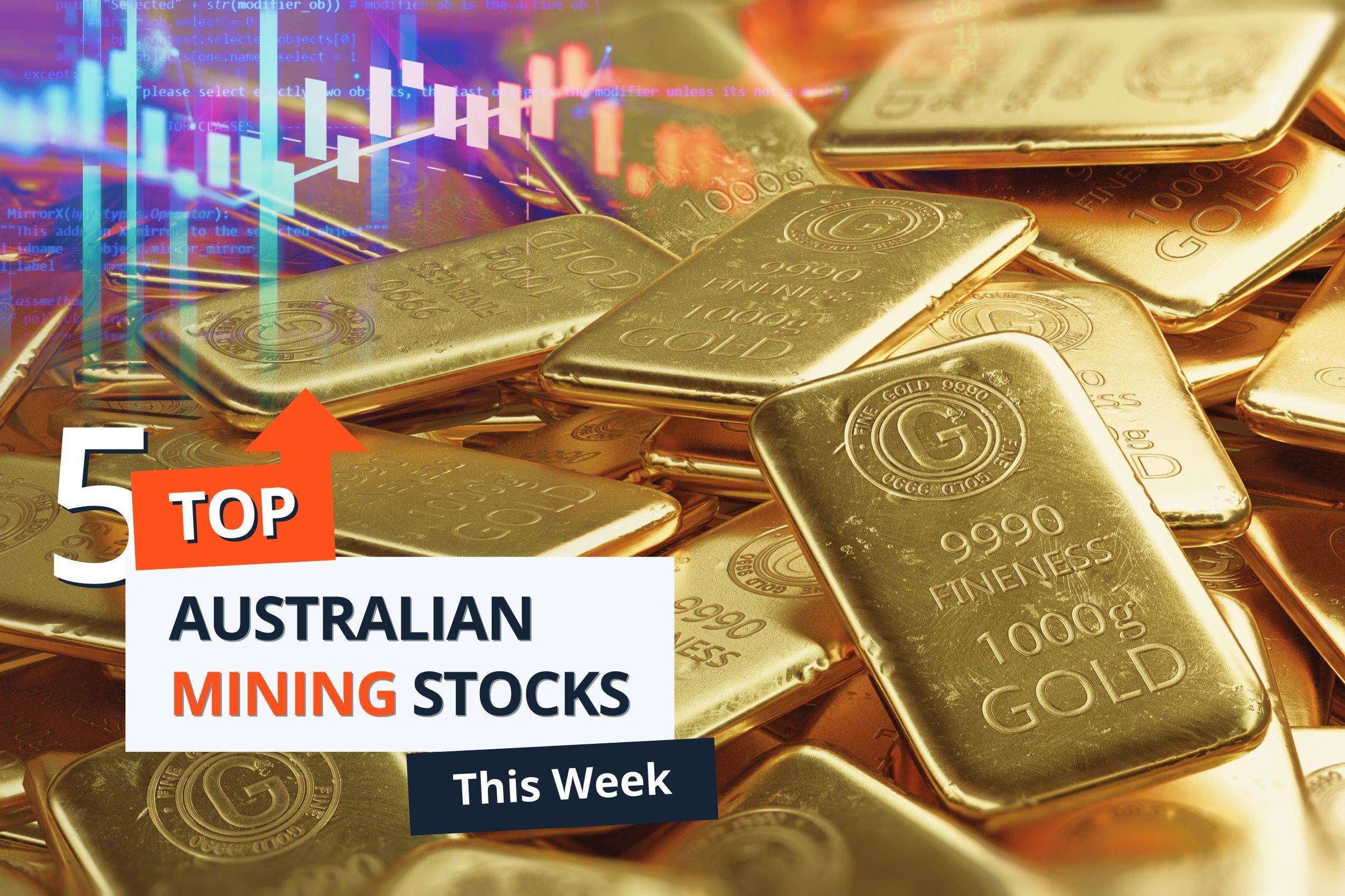 Gold bars with "5 Top Australian Mining Stocks" text overlay.
