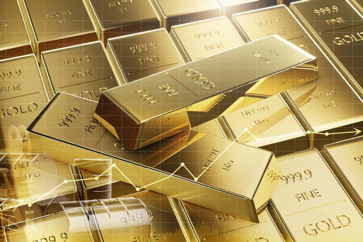 gold bars with a white line graph moving higher in front
