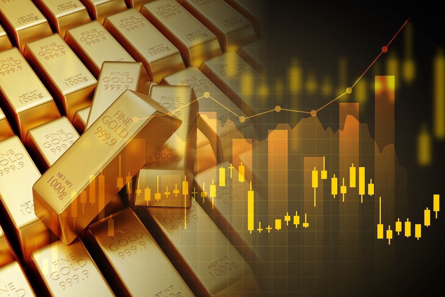 Gold bars with financial chart overlay, showcasing market trends.