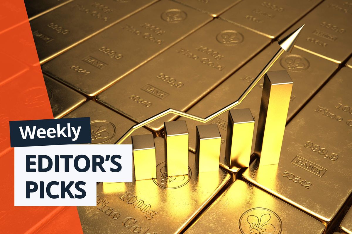 Gold bars with gold up arrow.