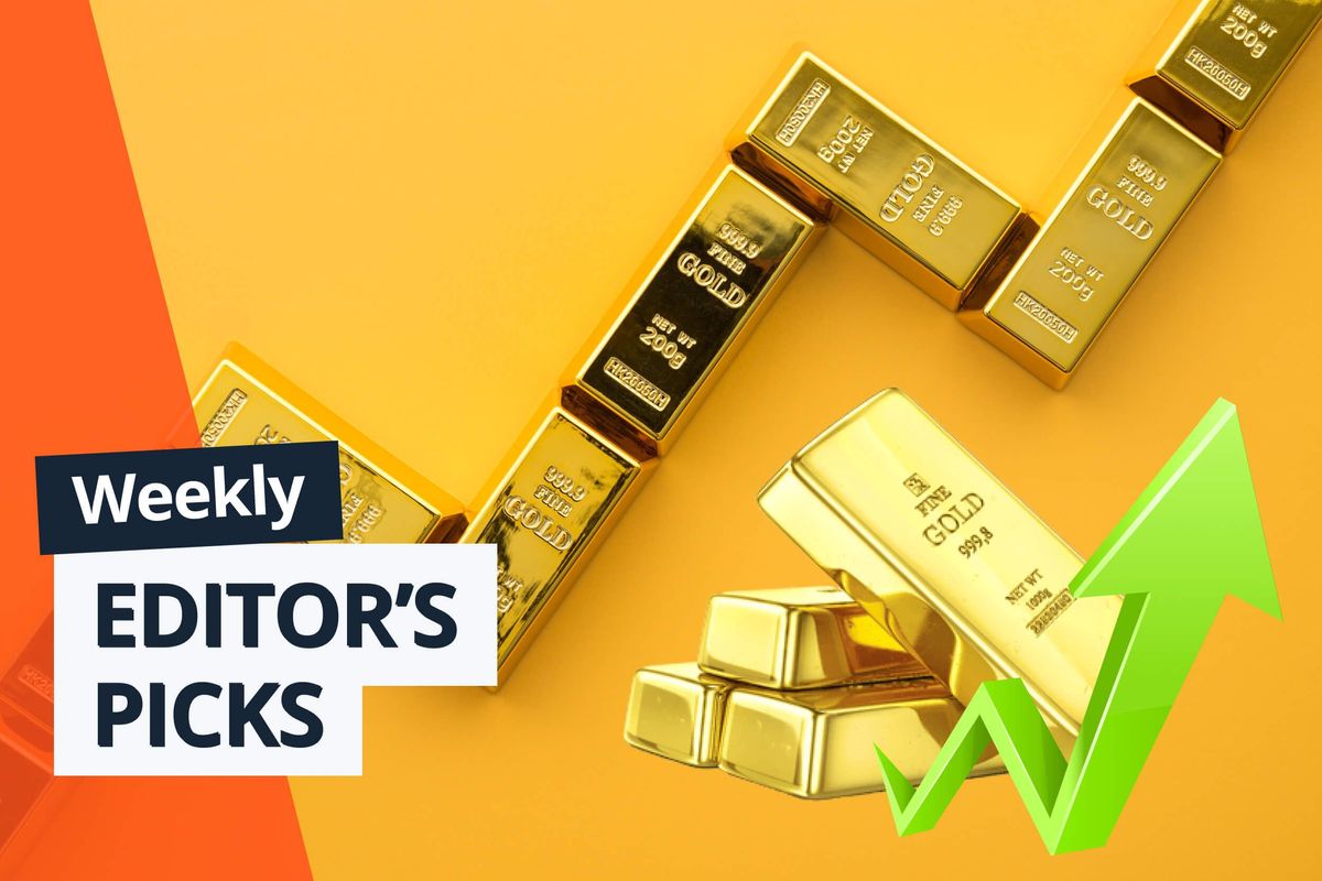 Gold bars with green up arrow.