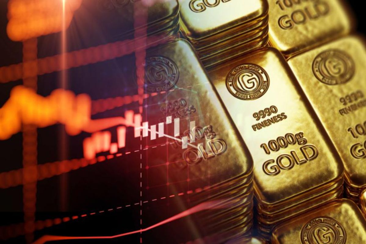 gold bars with red stock chart