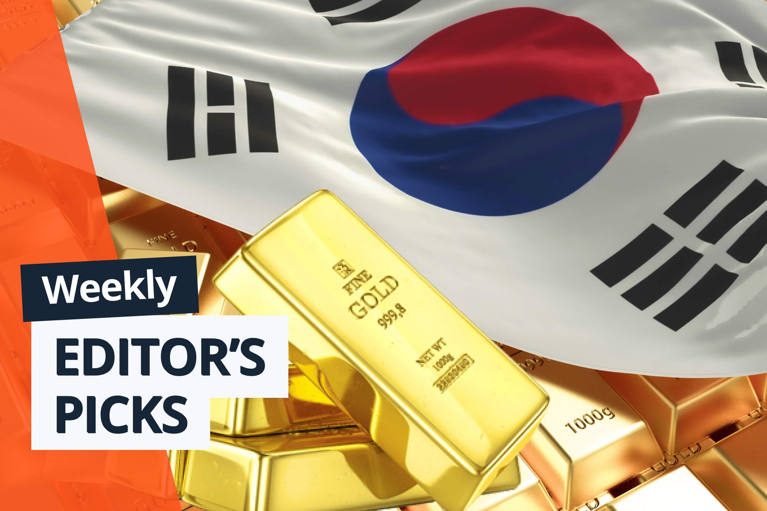 Gold bars with South Korean flag. 
