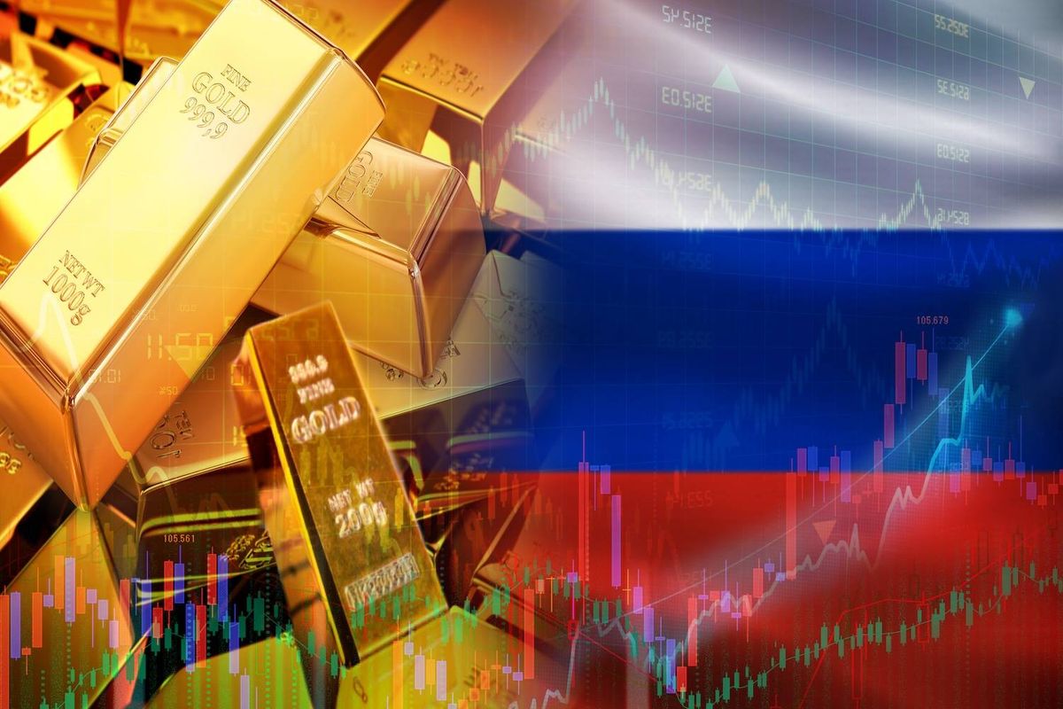 Gold bars with text "999.9" and "250g" overlayed with a Russian flag and financial graphs in the background.