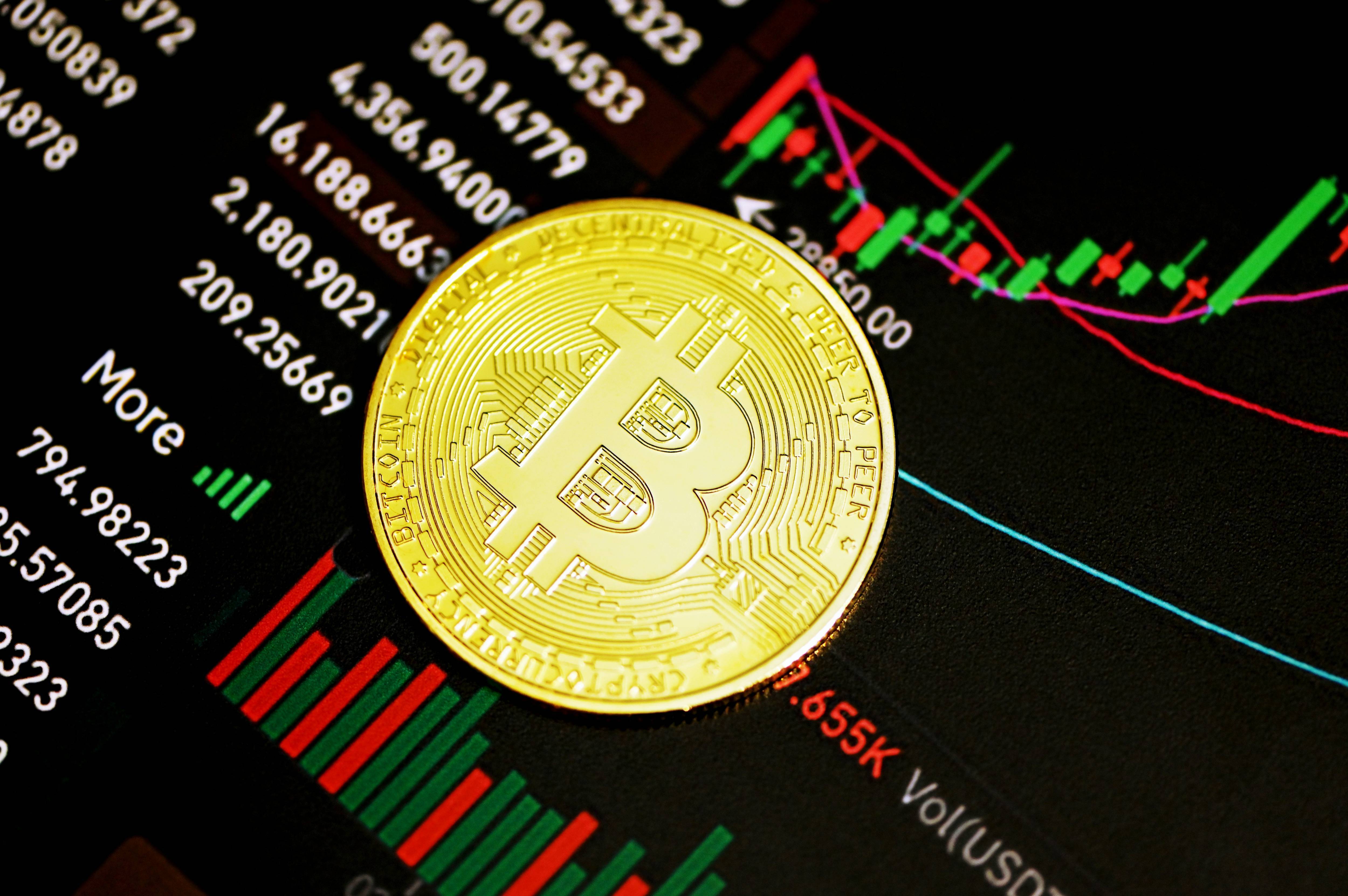 Gold Bitcoin rests on digital chart with red and green bars.