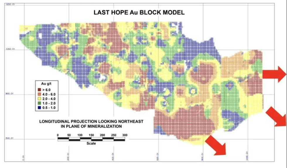 Gold block model at 55 North Mining's Last Hope project