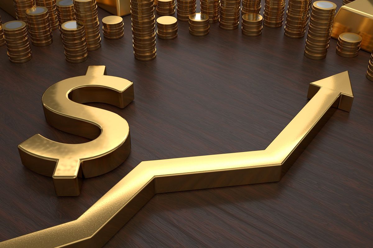 Gold coin stacks with up arrow.