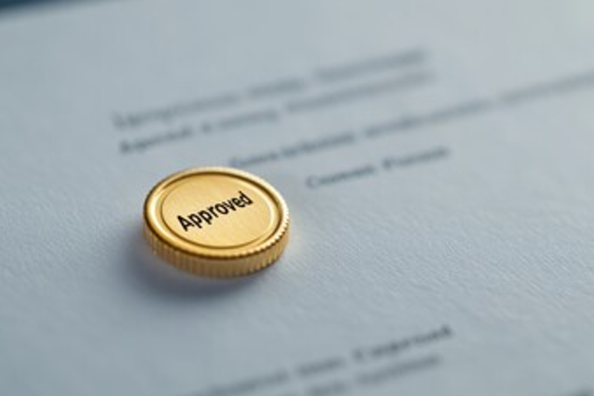 Gold coin stamped with the word "approved" on a document.