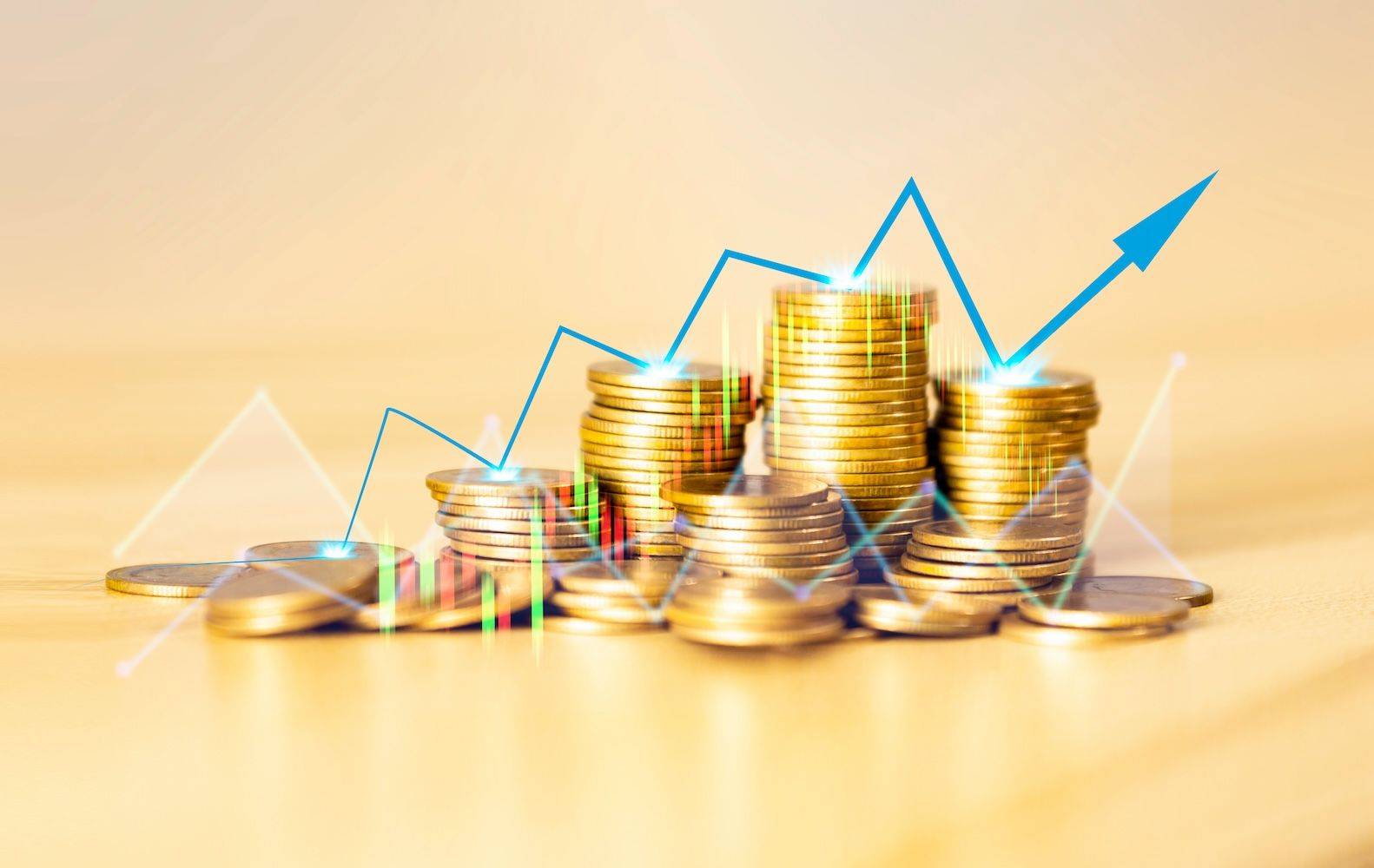 Gold coins and arrow pointing up.