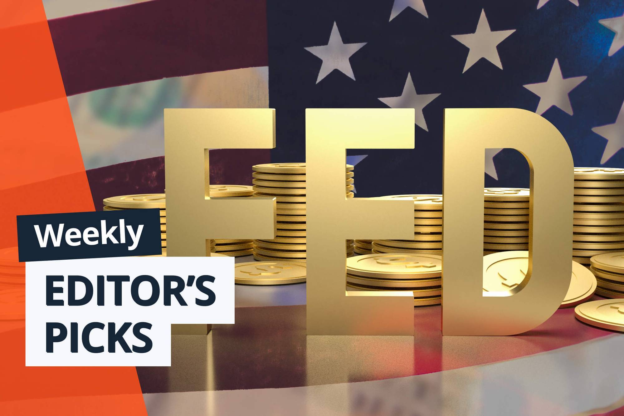 Gold coins and gold letters spelling "Fed" with US flag.