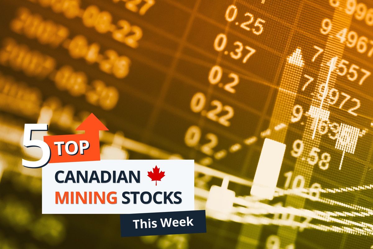 Gold-colored price charts. Text reads "5 Top Canadian Mining Stocks This Week."