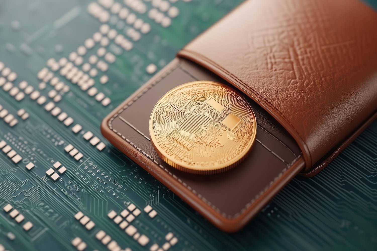 Gold cryptocurrency coin partially out of a brown leather wallet on a green circuit board background.